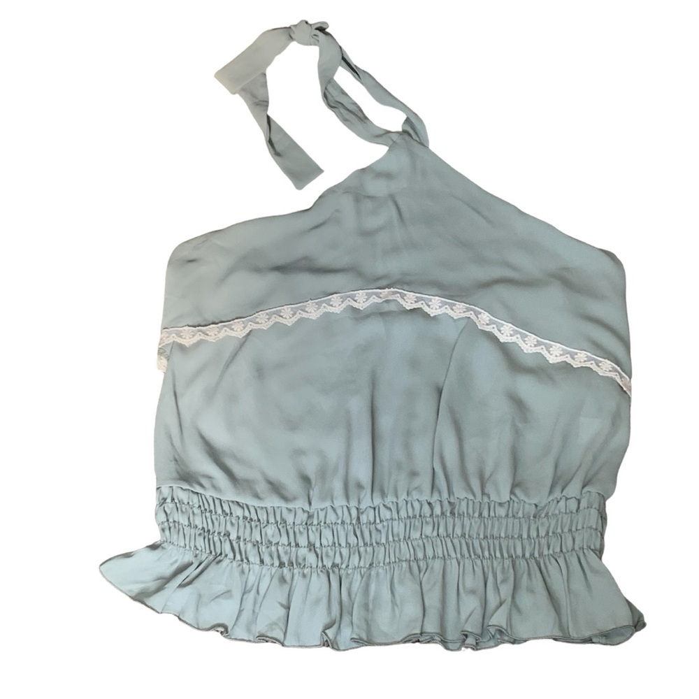 Wren & Willa sage green‎ halter top trimmed in lace babydoll style. Size L